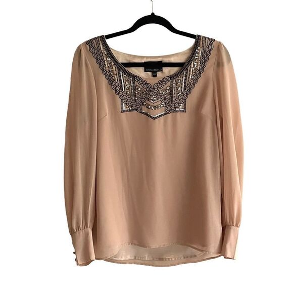 CYNTHIA ROWLEY Blouse Embellished Embroidery Beading Nude M - Picture 4 of 8